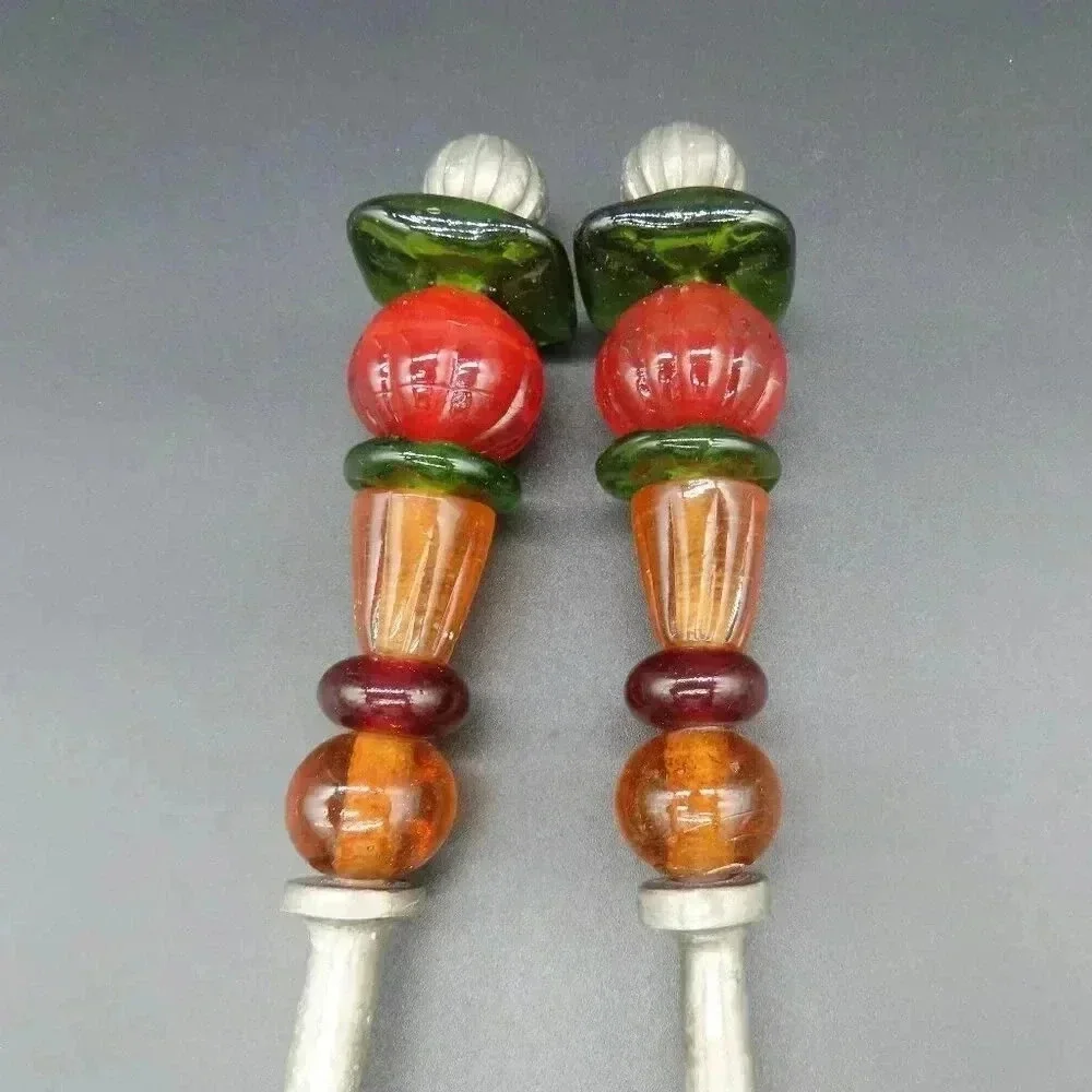 Handcrafted Large Serving Spoon Fork Set with Beaded Handles Vintage MCM